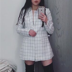 J.O.A. White and Black Windowpane Blazer with Structured Silhouette